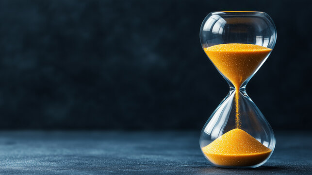 Hourglass with Yellow Sand on Dark Background. Free copy space.