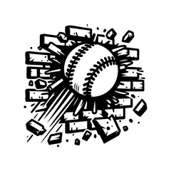 Minimalist Black and White Vector Illustration of Baseball Crashing Through Brick Wall