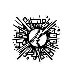 Minimalist Black and White Vector Illustration of Baseball Crashing Through Brick Wall