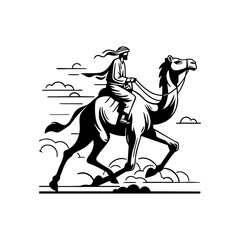 Minimalist Black and White Vector Illustration of an Arabian Bedouin Riding a Camel