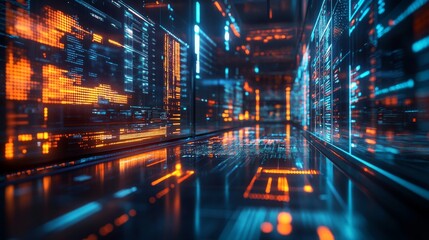 Digital Data Corridor Illuminated by Neon Blue and Orange Lights