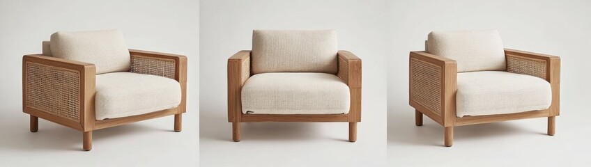 Light Beige Wooden Armchair with Cane Details