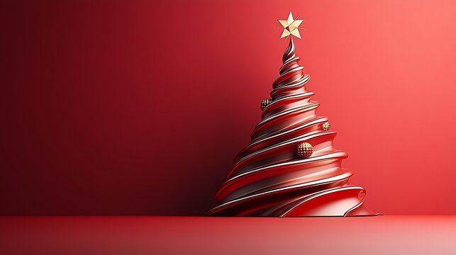 A modern and unique 3D Christmas tree design, featuring sleek geometric shapes and metallic accents, set on a striking red background, adding a contemporary touch to traditional holiday decor.