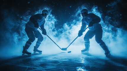 Naklejka premium Two hockey players are on the ice, one of them holding a hockey stick