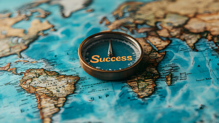 Golden Compass Pointing to Success Word on Vintage World Map Background.