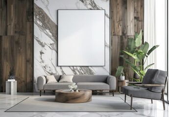 Modern living room interior with grey sofa. armchair. wooden coffee table and a blank canvas mockup