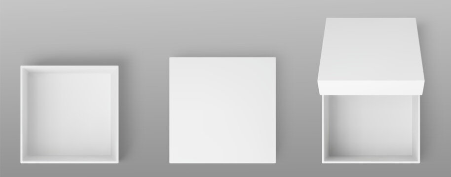 3d open empty white gift box blank mockup top view vector. Paper square package with lid realistic present design. Makeup sample product container for delivery. Business cube cardboard small pack