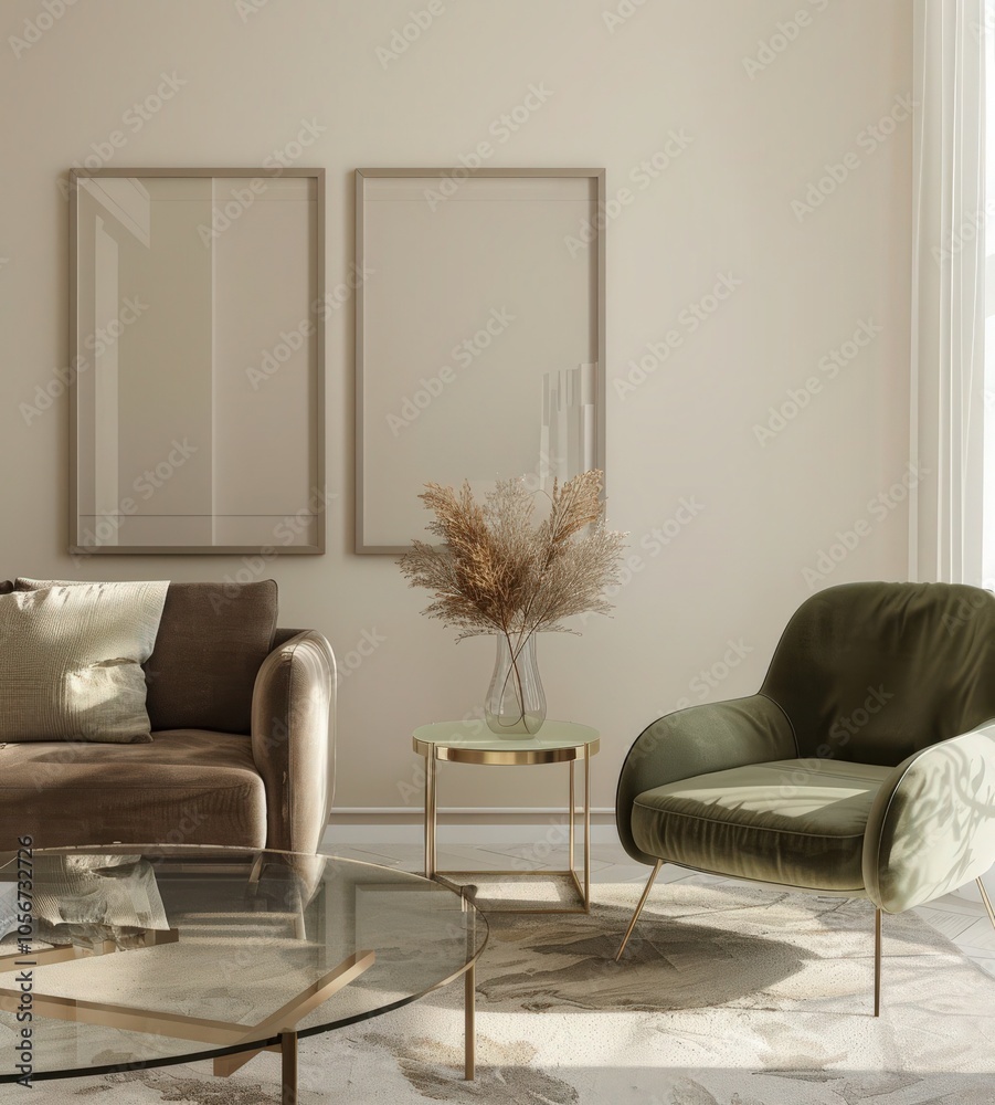 Wall mural a modern living room with a brown sofa. a green armchair. a glass coffee table. a vase of dried flow