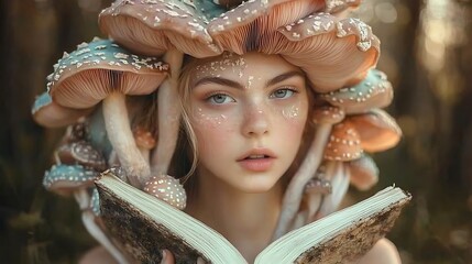 An ethereal photograph capturing a beautiful girl in a serene forest setting, with delicate pastel mushrooms nestled among her hair, adding a touch of magic and fantasy to the image.