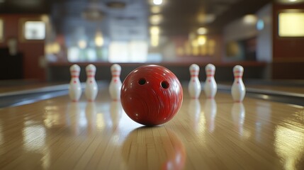 A bowling ball is on a table with a row of bowling pins