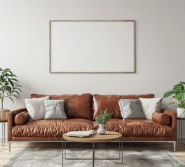 A brown leather sofa with pillows and a coffee table with plants in a living room with a blank picture frame hanging on the wall