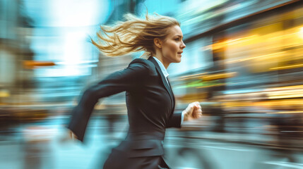 A determined businesswoman races through a bustling city, embodying ambition and urgency while pursuing her goals amid everyday activity