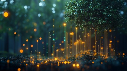 A Tree in a Forest Illuminated by Golden Lights