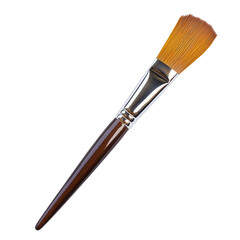 Fototapeta premium A close-up of a paintbrush with a wooden handle and a fan-shaped bristle head, isolated on transparent or white background