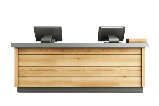 A modern, sleek checkout counter with two monitors, isolated on transparent or white background