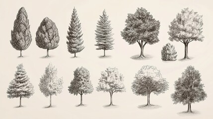 Fototapeta premium Monochrome vector illustrations of coniferous trees, showcasing a variety of shapes and sizes. These elegant designs highlight the unique characteristics of evergreens,