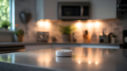 Modern kitchen setting with radon detector on countertop promoting National Radon Action Month awareness