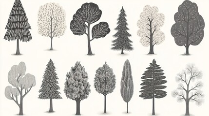 Fototapeta premium Monochrome vector illustrations of coniferous trees, showcasing a variety of shapes and sizes. These elegant designs highlight the unique characteristics of evergreens,