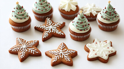 Christmas-themed cupcakes decorated as trees with frosting and star-topped cookies featuring intricate snowflake designs, creating a festive holiday dessert spread.