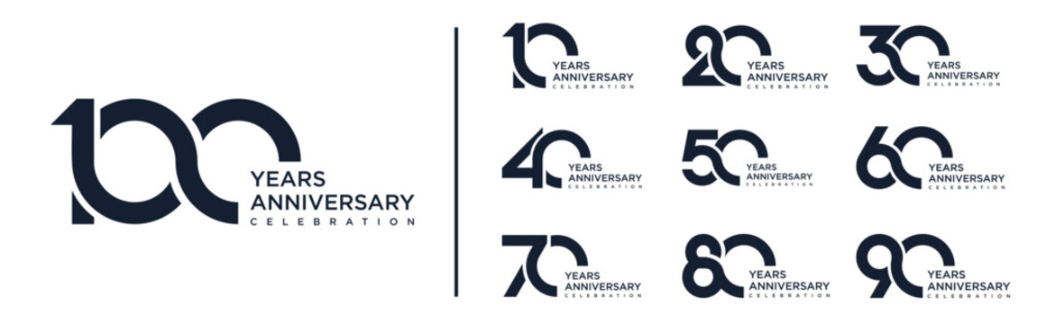 collection anniversary 10 to 100 year logo designs. abstract number for celebration event, wedding, greeting card, and invitation, vector illustration