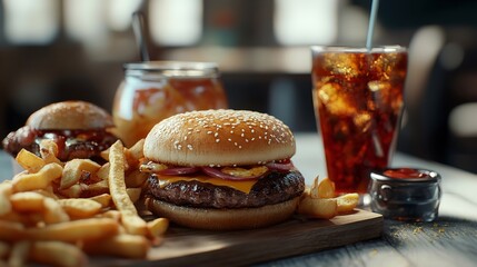 3D Illustration of a Cheeseburger, Fries and Drink on a Wooden Tray
