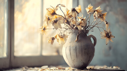 A chilling arrangement of withered flowers in a dusty vase.
