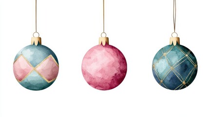 Elegant watercolor Christmas ornaments in soft colors, perfect for festive decor and holiday celebrations.