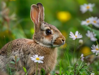Fototapeta premium Close-up Portrait of a Cute Rabbit in a Field of Daisies