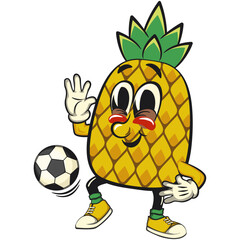 Cute and happy fun pineapple isolated vector cartoon mascot character playing football or soccer ball with his feet, work of hand drawn