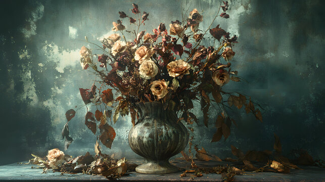 A chilling arrangement of withered flowers in a dusty vase.