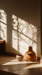 Terracotta Vase and Small Pot with Dried Branches in Sunlit Room.