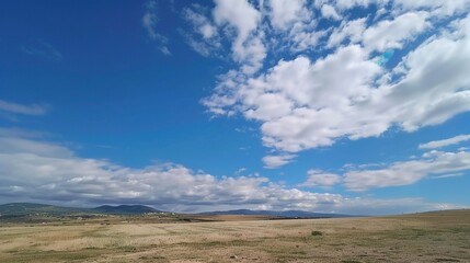 The allure of a landscape filled with the beauty of blue sky, fluffy white clouds, majestic high mountains, and vibrant green plants. Generative AI