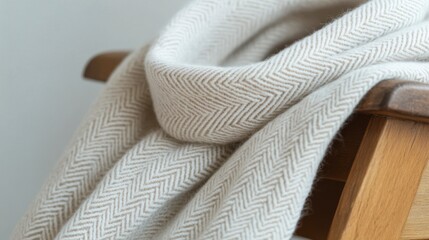 Soft Herringbone Knit Scarf Close Up on Wooden Chair