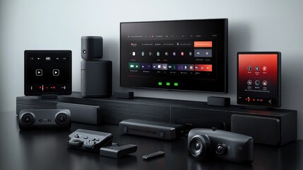 Modern entertainment setup featuring devices and a display screen.