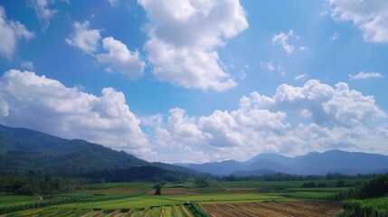 Naklejka premium The allure of a landscape filled with the beauty of blue sky, fluffy white clouds, majestic high mountains, and vibrant green plants. Generative AI