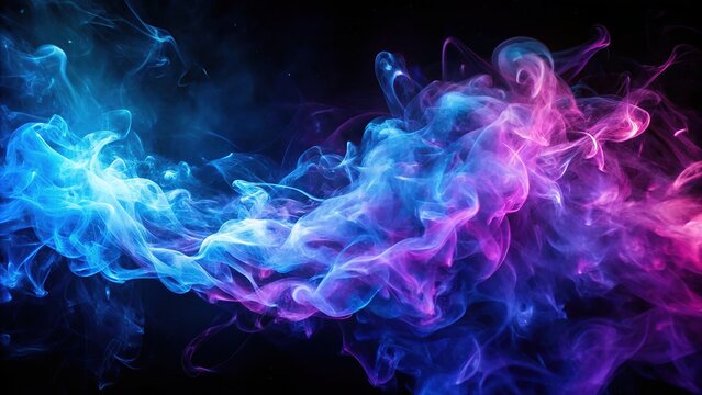 Mesmerizing blue and purple light flares intertwine with drifting smoke on a rich black background, showcasing dynamic movement in this striking 4K visual experience.