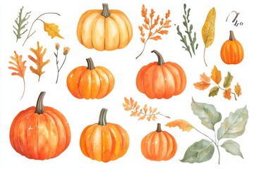 Watercolor Pumpkins and Autumn Leaves