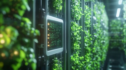 A Green Wall with a Digital Screen Showing Code