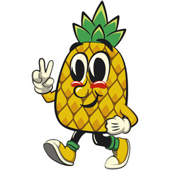 Cute and happy fun pineapple isolated vector cartoon mascot character walking with a peace sign, work of hand drawn