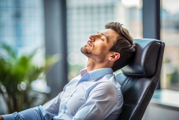 Fototapeta premium Man reclining in office chair with closed eyes in modern workspace