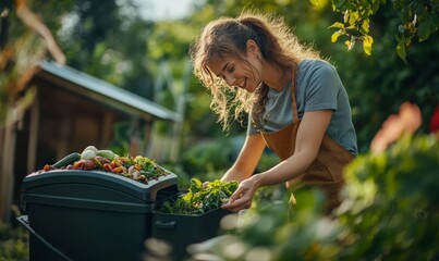 Woman composting food waste. Outdoor compost bin for reducing kitchen waste. Organic waste in garden composter, eco-friendly gardening, sustainability.