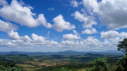 The allure of a landscape filled with the beauty of blue sky, fluffy white clouds, majestic high mountains, and vibrant green plants. Generative AI