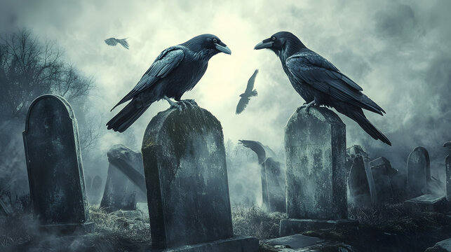 A chilling graveyard scene with ravens perched on ancient tombstones.