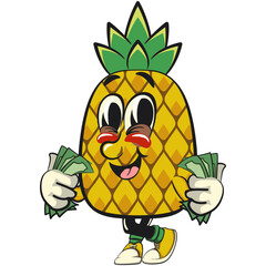 Cute and happy fun pineapple isolated vector cartoon mascot character carrying money, work of hand drawn