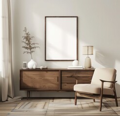 A minimalist living room with a wooden cabinet. a beige armchair. and a blank picture frame The room has a light and airy feel. with natural light streaming in from the window