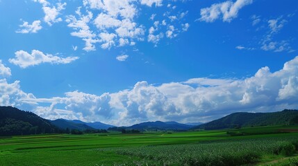 Fototapeta premium The allure of a landscape filled with the beauty of blue sky, fluffy white clouds, majestic high mountains, and vibrant green plants. Generative AI
