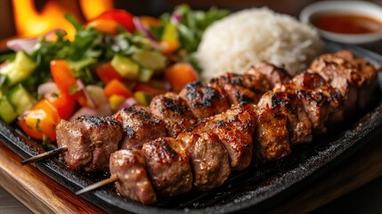 Grilled Meat Skewers with Fresh Salad and Rice