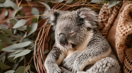 Obraz premium A baby koala is sleeping in a basket. The basket is covered in leaves and has a blanket on top