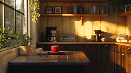 Cozy Cabin Living Room with Red Sofa and Sunbeams
