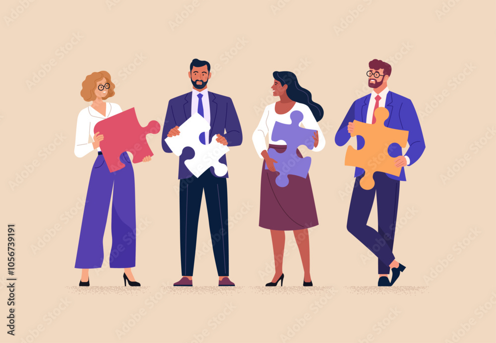 Poster business teamwork concept. vector illustration in a flat style of diverse smiling people standing at